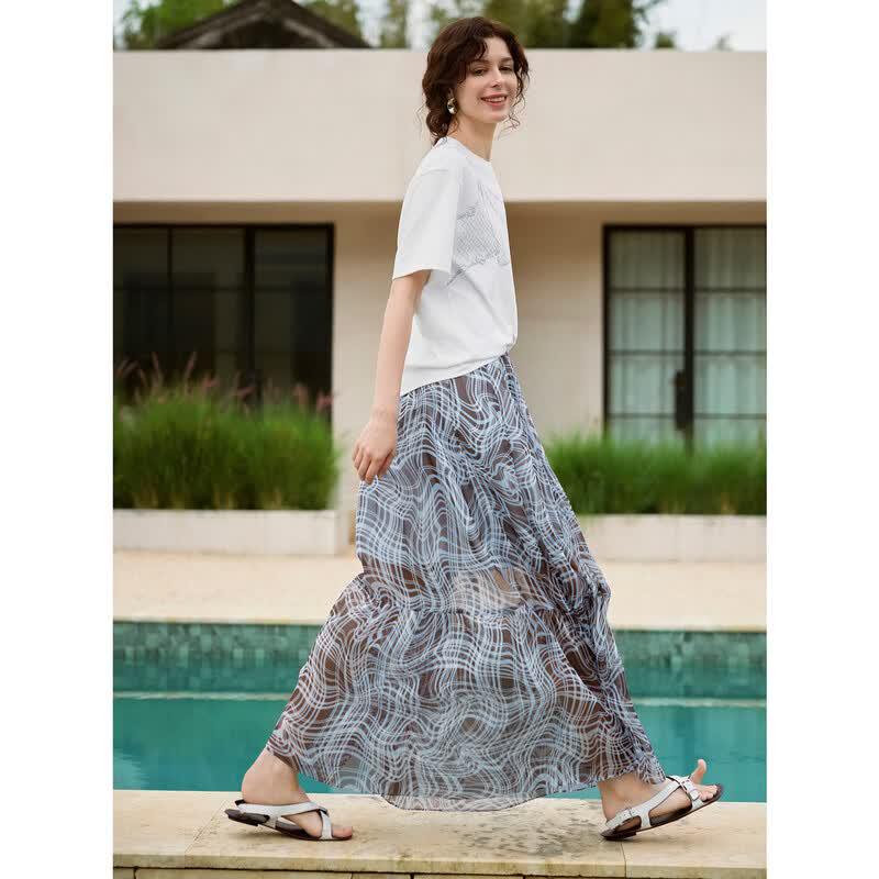 ELLE Graphic Print Elastic Waist A-Line Skirt