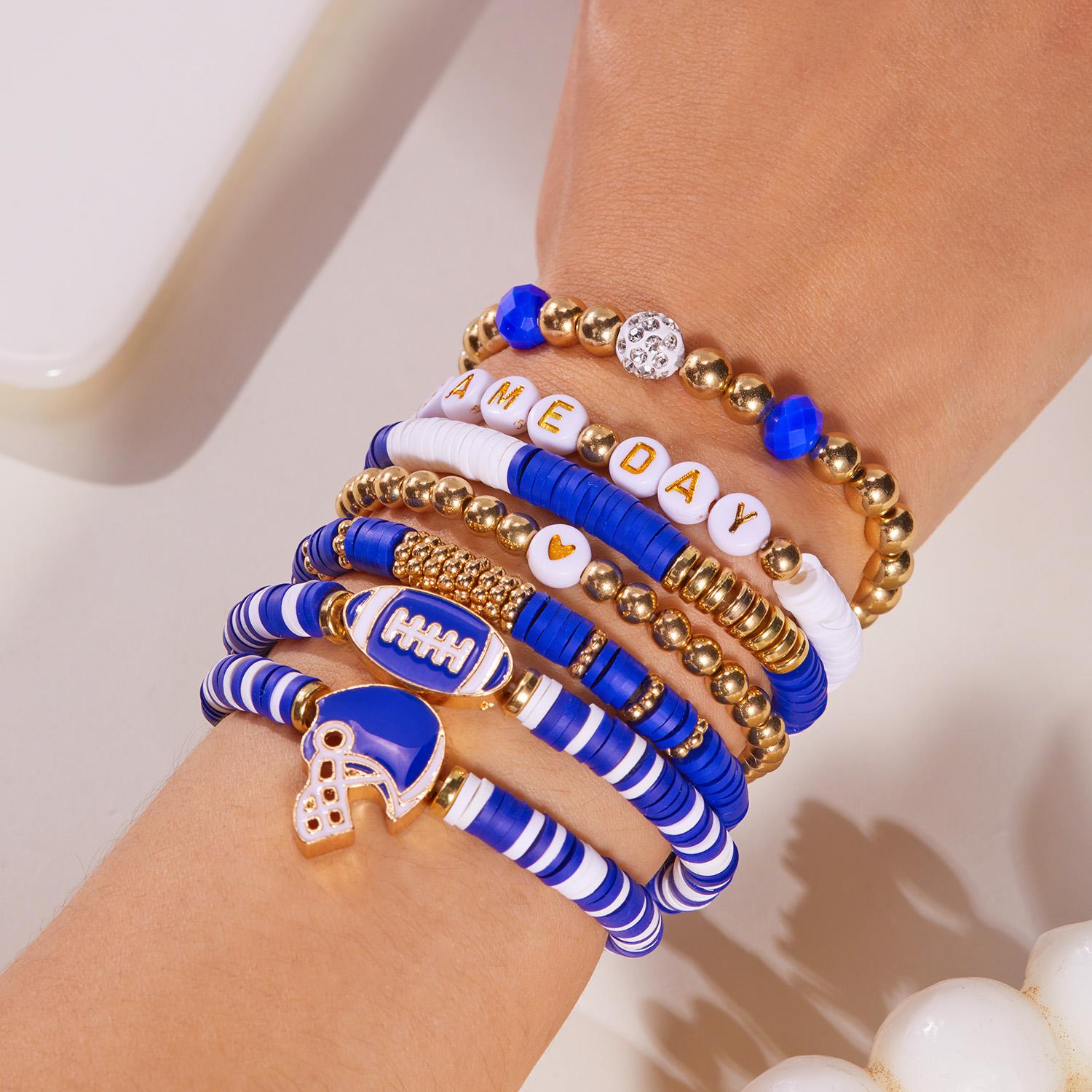 8Pcs Game Day Football Rugby Soft Charm Bracelet Set for Women Men Stackable Elastic Design Bangle Sports Fan Party Jewelry Gift