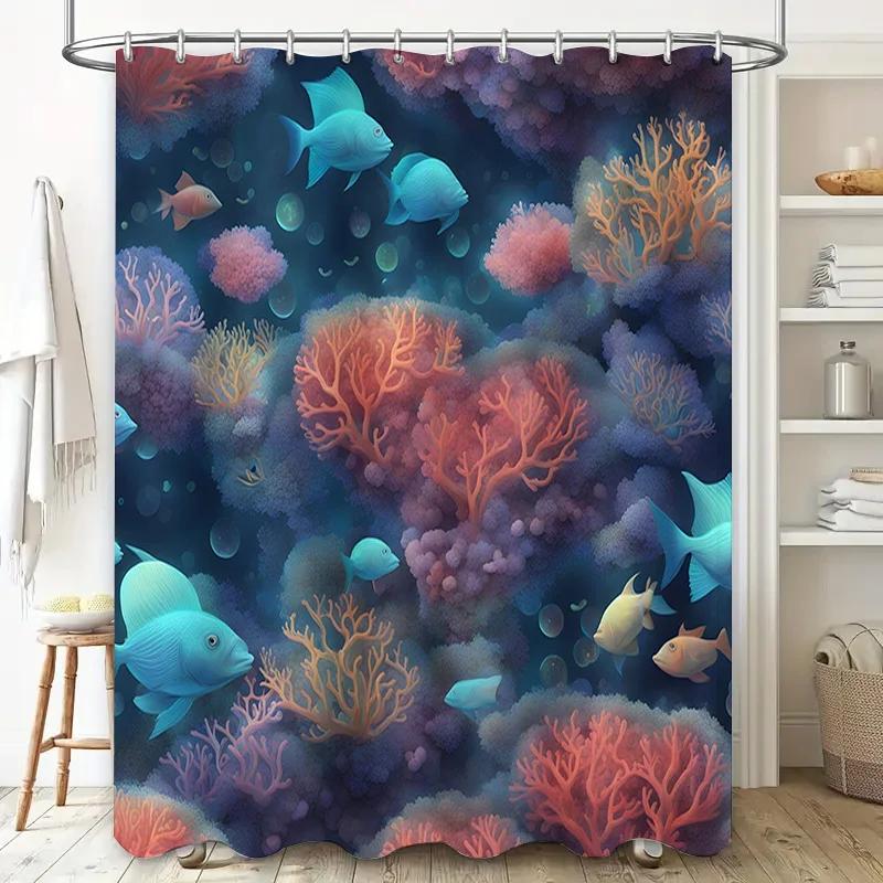 Underwater World Bathing Curtains With Colorful Coral Fish Design Waterproof Bathroom Decor Shower Curtain Blue Pink Orange Red