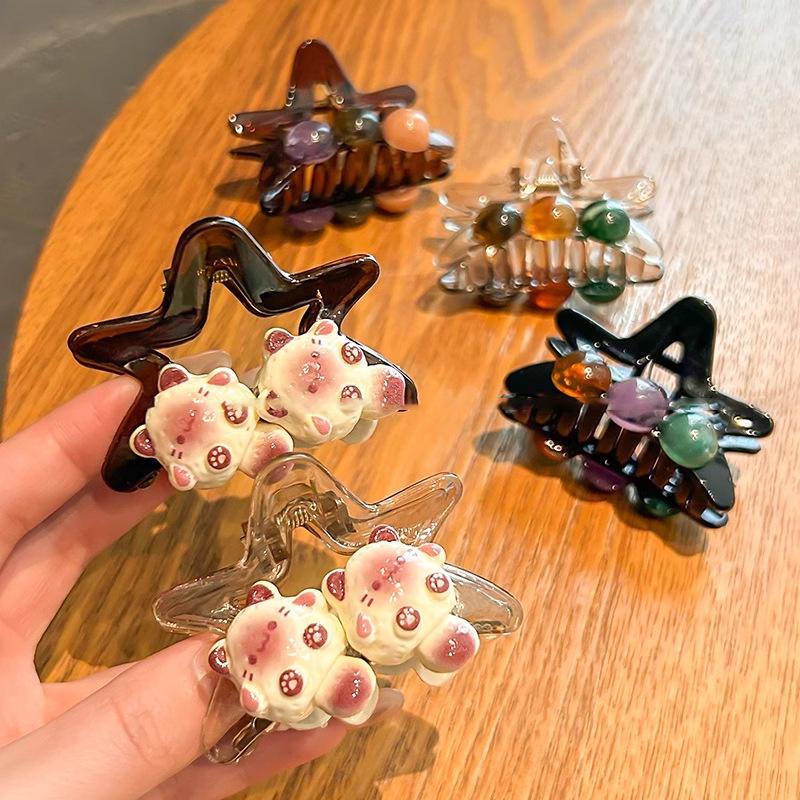 2Pcs Cute Star Hair Claw Clips Y2K Star Cartoon Cat Designs Headwear Long Curly Straight Hair Ponytail Holder Summer Hairpins