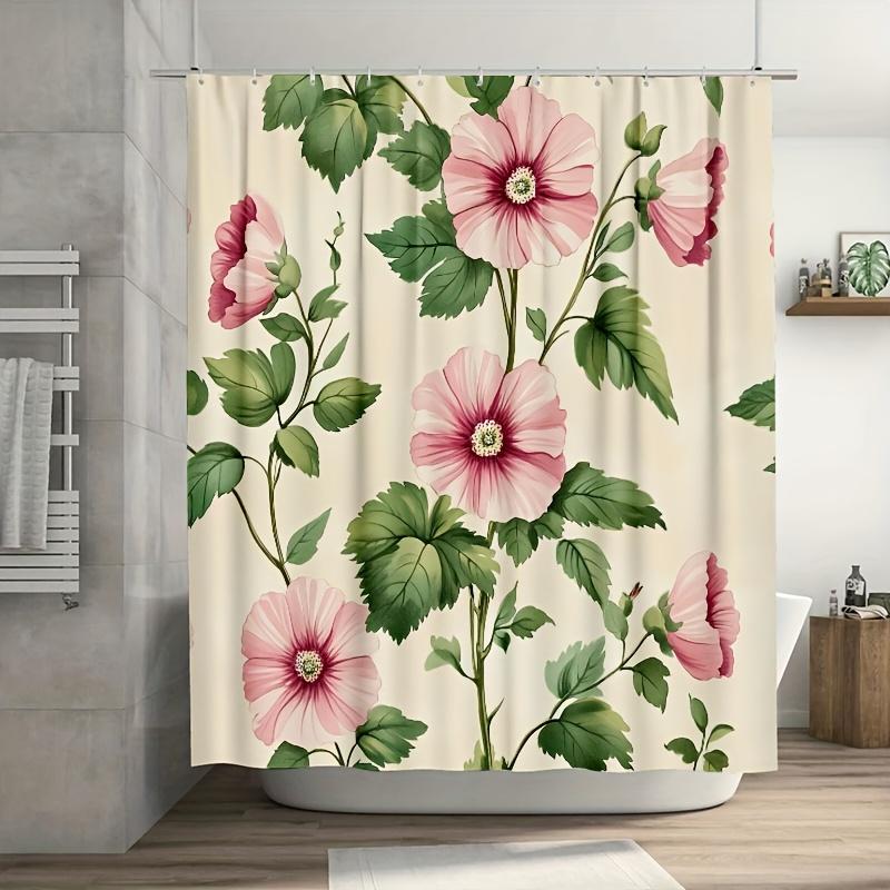 

1pc Vintage Pink Mallow Shower Curtain - Green Leaves, 71x71 Inch, Polyester, 12 Hooks, Elegant Summer Decor, Hand Wash W90XH180cm