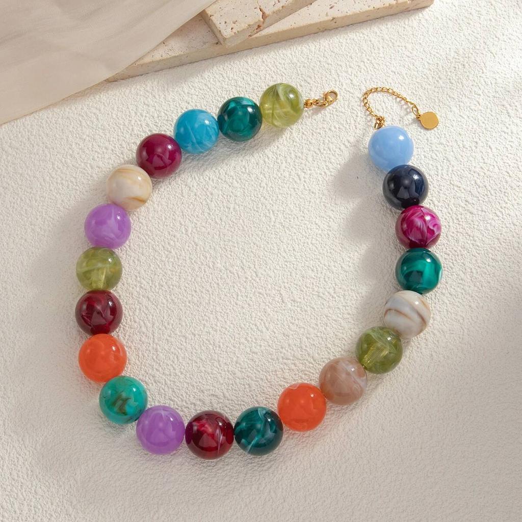 Salircon Y2K Bohemian Colorful Resin Beaded Choker Necklace Women 18K Gold Plated Stainless Steel Chain on the Neck Jewelry
