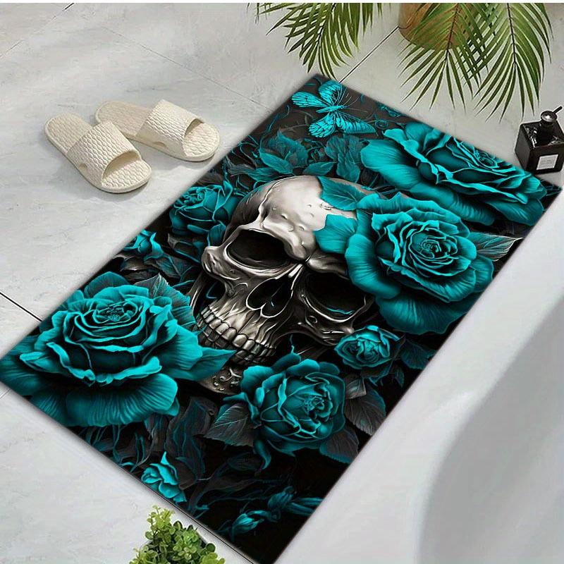 Dark Gothic Skull Rug,Metallic Skull with Teal Roses Non-Slip Floor Mat for Bedroom & Living Room, Edgy Exotic Home Decor Carpet