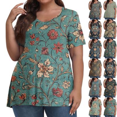 Women's Fashion Casual V-Neck Pullover Short Sleeve Large Size Vintage Printed Top