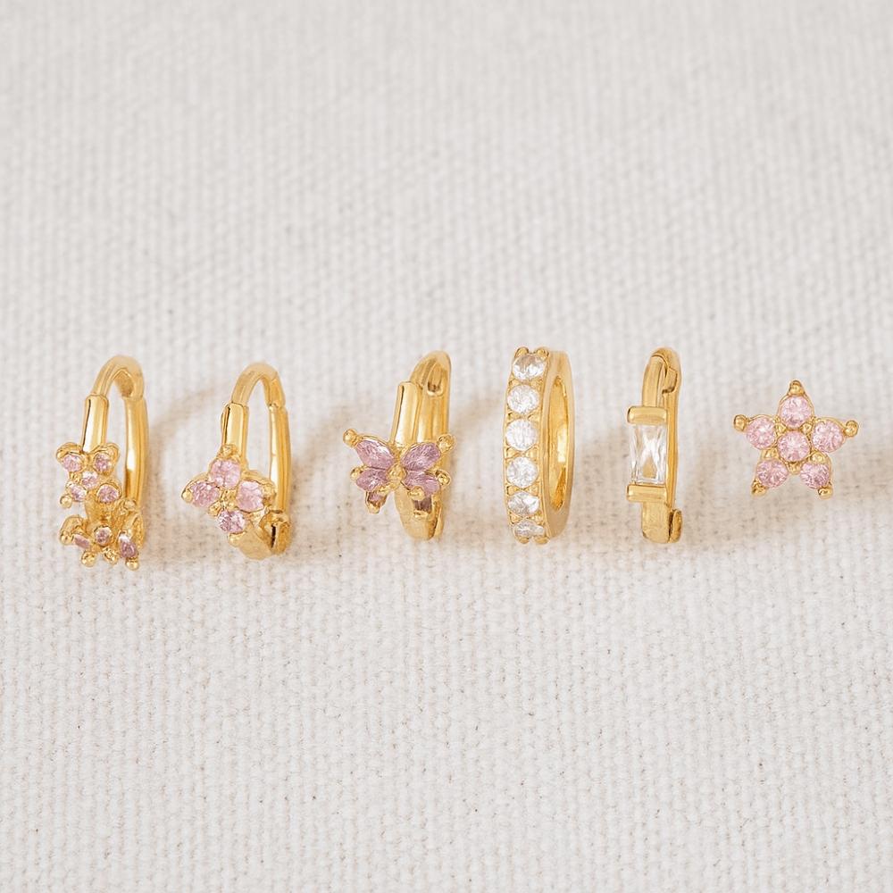 6Pcs Hook Piercing Flower Butterfly Earrings Copper Crystal Ear Studs Zircon Earring Set Party