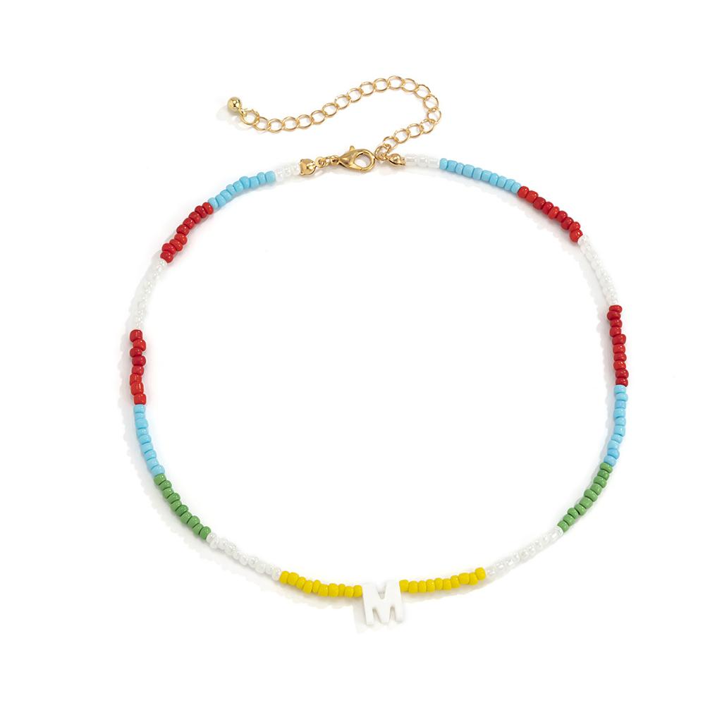 Bohemian Colored Crystal Rice Bead Collarbone Necklace, Simple Peach Heart Pearl Letter Necklace