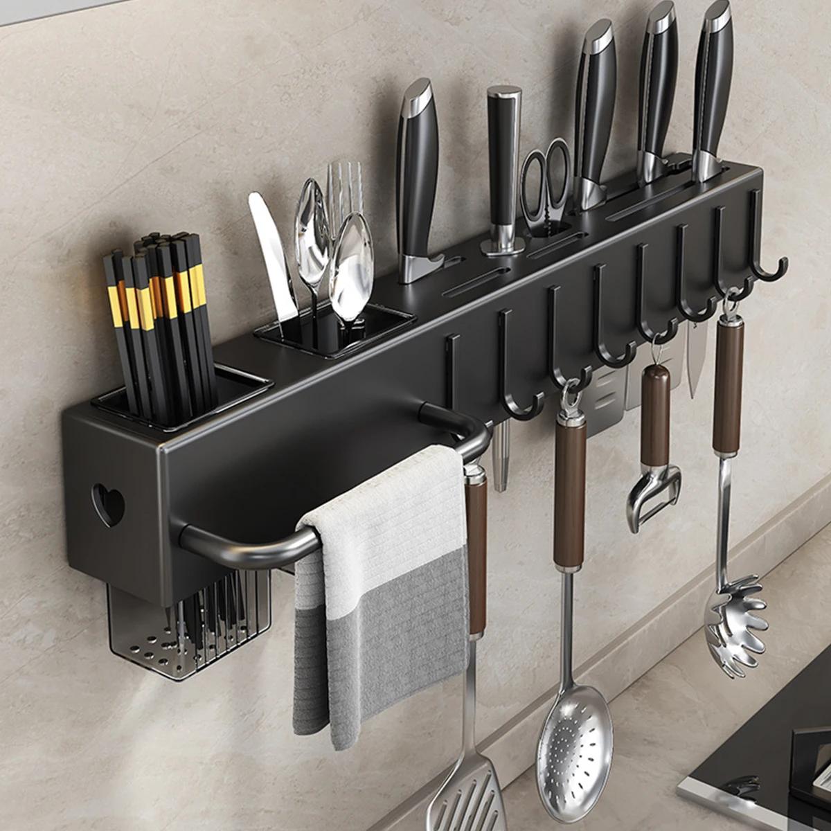 

Wall Mounted Kitchen Knife Pot Cover Storage Rack Metal Kitchen Shelf Skeletonized Drainage Easy To Clean Chopstick Organizer чорний