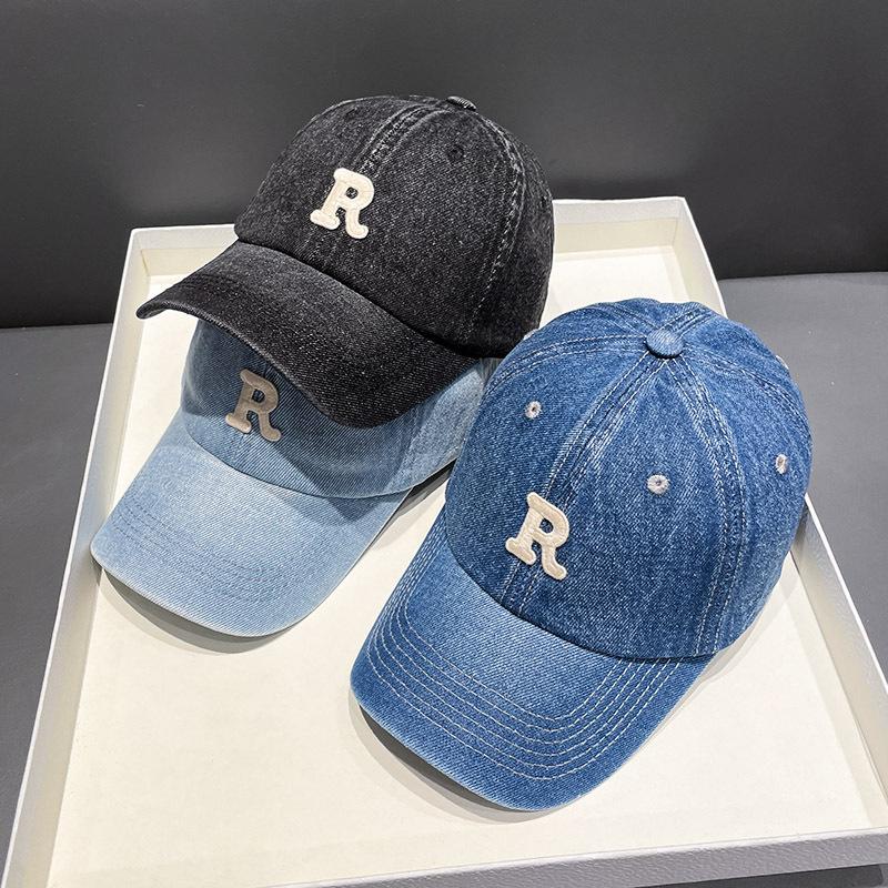 Korean washed denim embroidery R Letter baseball cap for men and women, versatile for spring and autumn, sun-protective, trendy duckbill cap