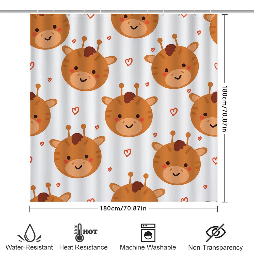 Cute Cartoon Giraffe Shower Curtain For Children'S Bathroom Decor White Background With Red Hearts Pattern Made In China (White)