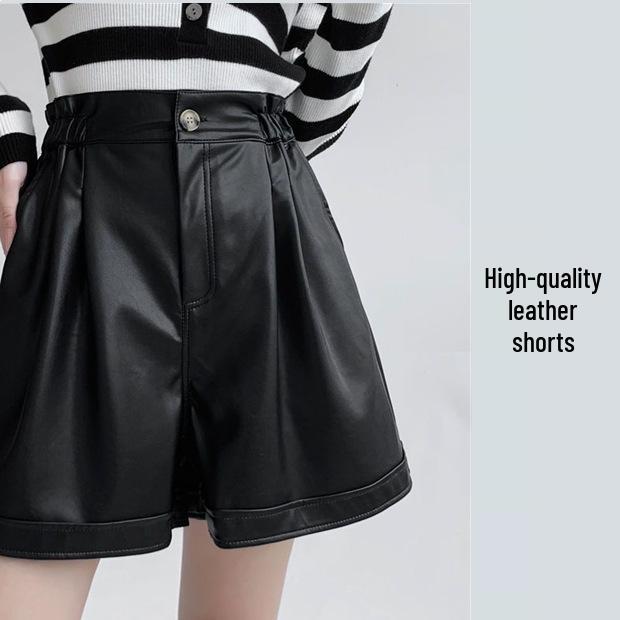 

High Waist PU Leather Bootcut Shorts - Elastic, Plus Size, Wide Leg, Loose Fit, Black, Women’s Stylish Autumn/Winter Wear S