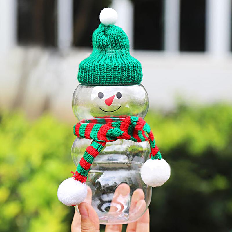 3 bucăți/set sticle drăguțe din plastic pentru suc de lapte în formă de om de zăpadă de Crăciun, cu capace și capac, ceașcă transparentă