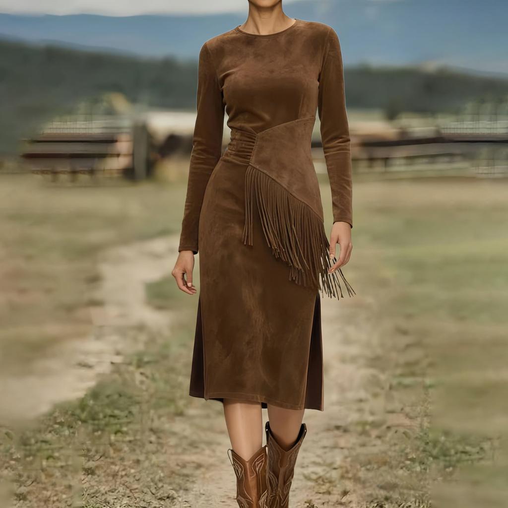 Women's Color Suede Retro Western Round Neck Slim Fit Long Sleeved Fringe Dress
