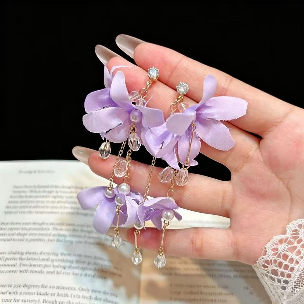 Super fairy purple flower fringed earrings niche design high sense seaside vacation wind photo shoot earrings accessories