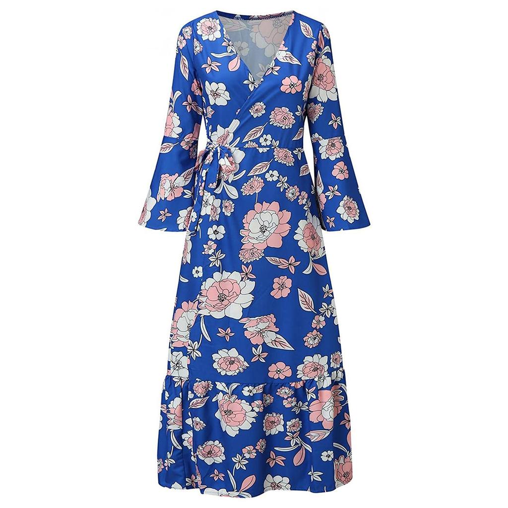 Women's Fashion V-neck Long-Sleeved Print Oversized Strappy Long Dresses