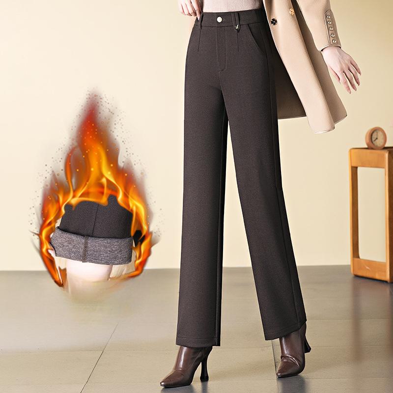 Woolen Straight-leg Pants Women's High-waisted Autumn and Winter Plus Velvet Thickened Warm Mother Casual Pants Trousers