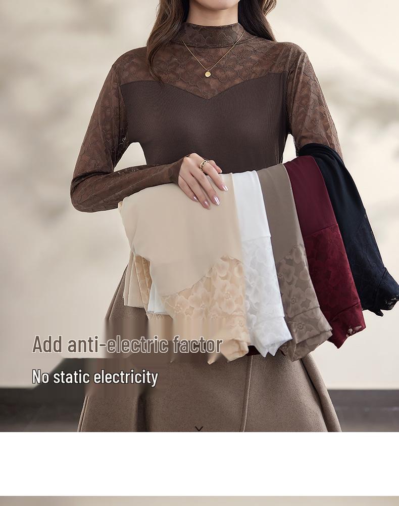 New Style Embroidered Mesh Lace Base Layer Shirt - Women's Slim Fit, Long Sleeve, Spring/Autumn Fashion Top