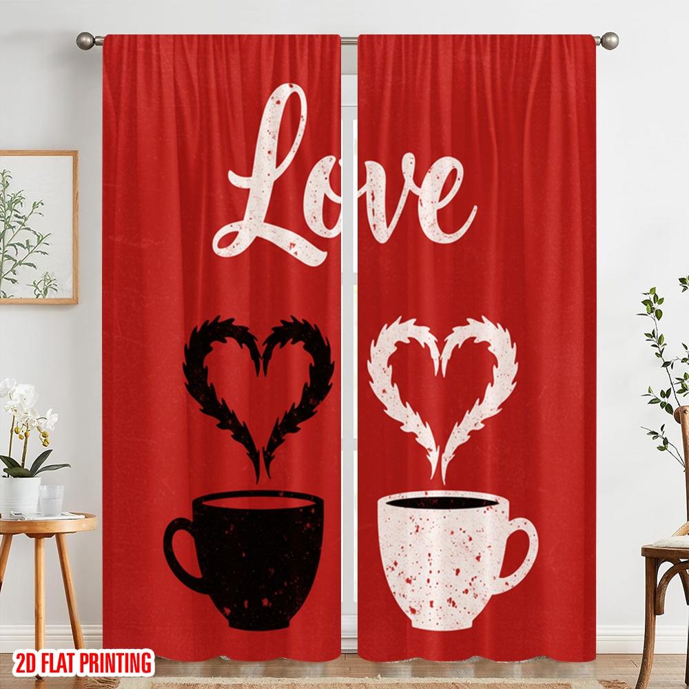 2 szt. płaski nadruk 2D Party Zasłony okienne Kocham filiżanki do kawy Poliester Bez elektryczności Impreza rodzinna na zewnątrz Święto