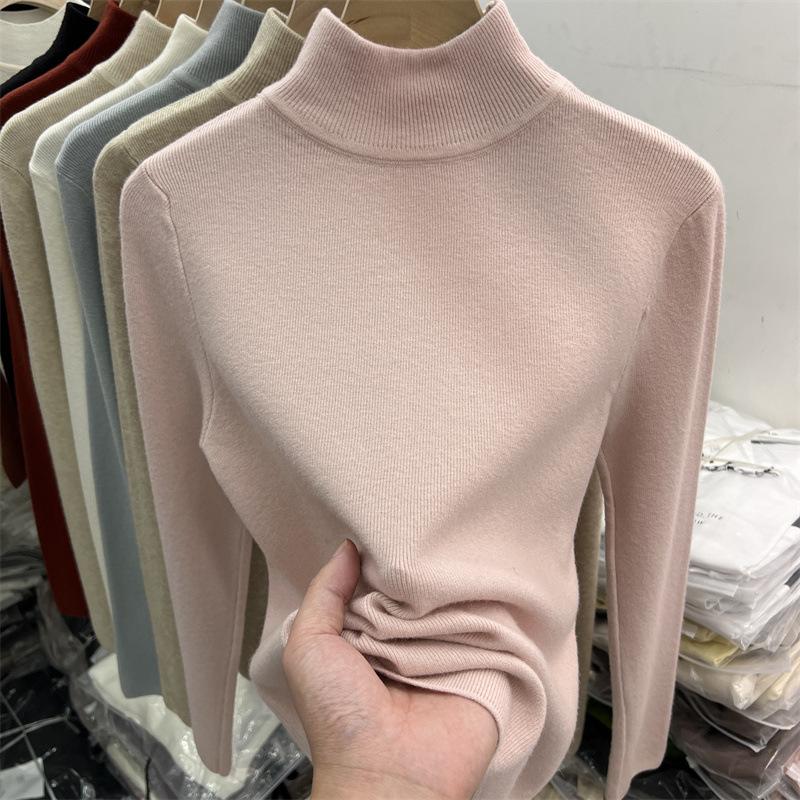 Chic semi-turtleneck Angolan red bottomed shirt for women's autumn and winter slim-fit and warm inside with knitted sweater top