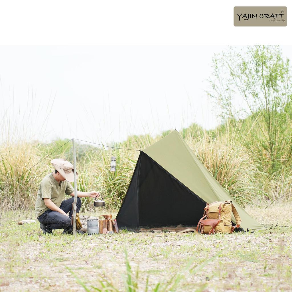 YAJIN CRAFT Military Tent Tipi-Style Tent, Green, One-Pole, TC Tent, with Cart, Perfect for Solo Camping, with Mosquito Net and Privacy Sheet