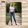 Mfoever Tin Sign Gorgeous Busty Blonde Model In White Crop Top  Blue Skinny Jeans Posing Outdoors In Park Vintage Metal Tin Sign Retro Iron Pai