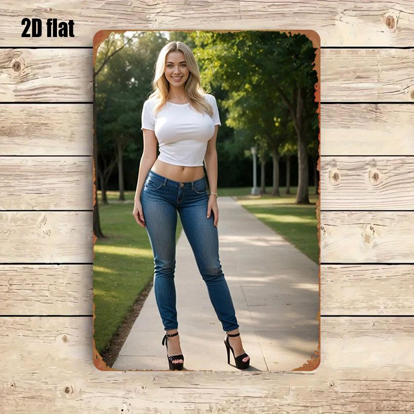 Mfoever Tin Sign Gorgeous Busty Blonde Model In White Crop Top Blue Skinny Jeans Posing Outdoors In Park Vintage Metal Tin Sign Retro Iron Pai