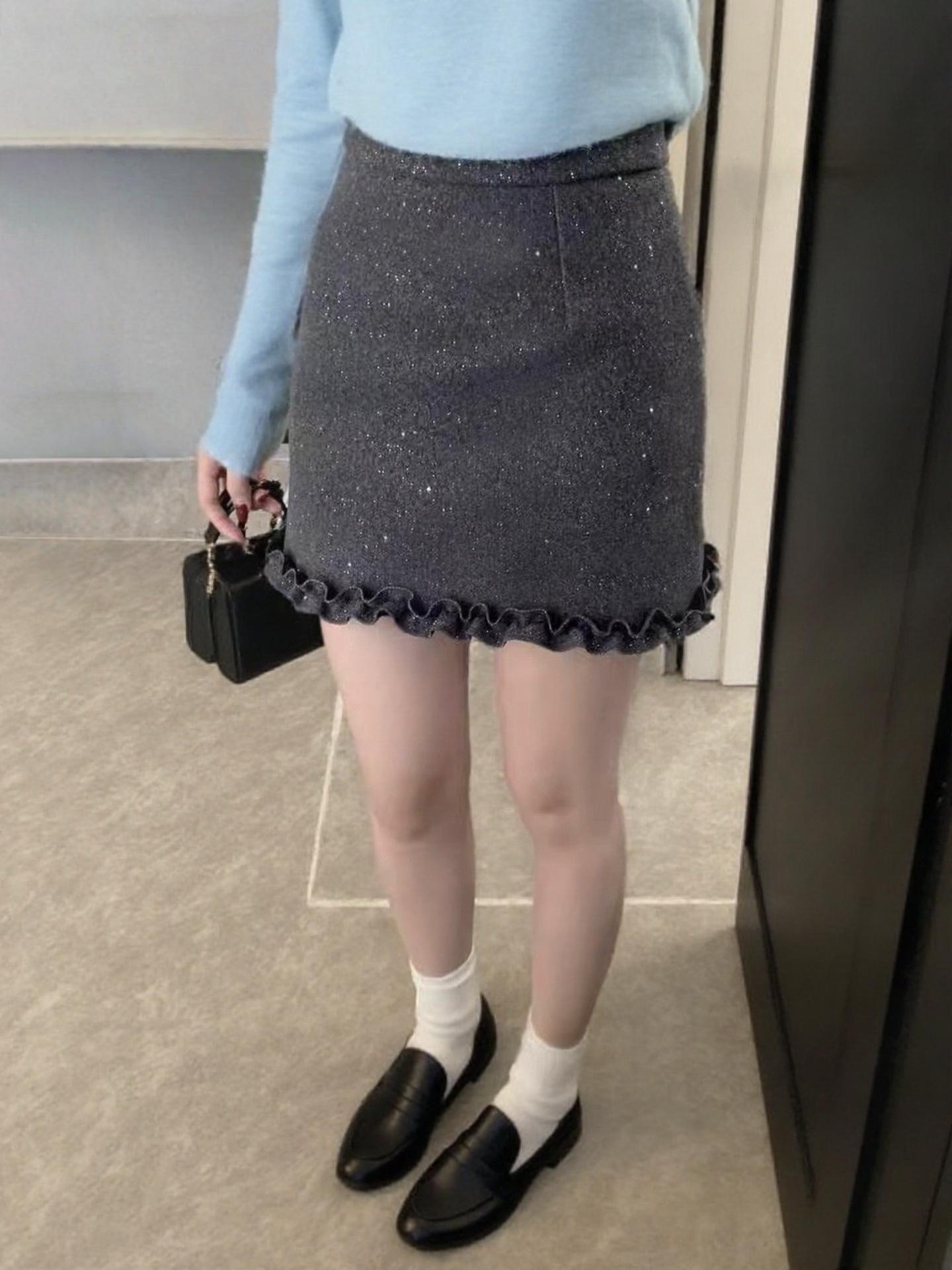 Starry Sky Woolen Ruffled A-Line Skirt - Women s 2025 Autumn/Winter Collection Large серый