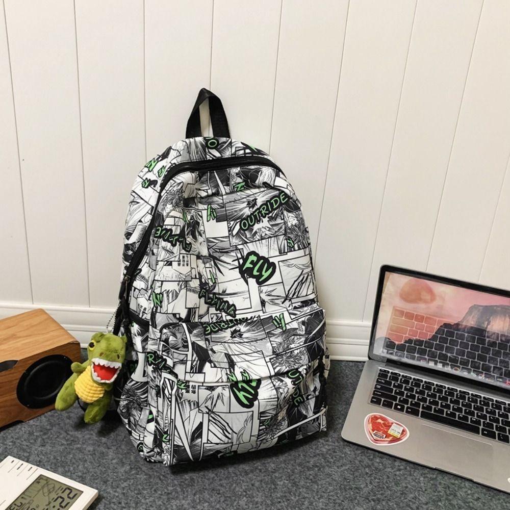 

Black Large Capacity Backpack Nylon Cartoon Print Bag Casual Graffiti School Bag School Style 2