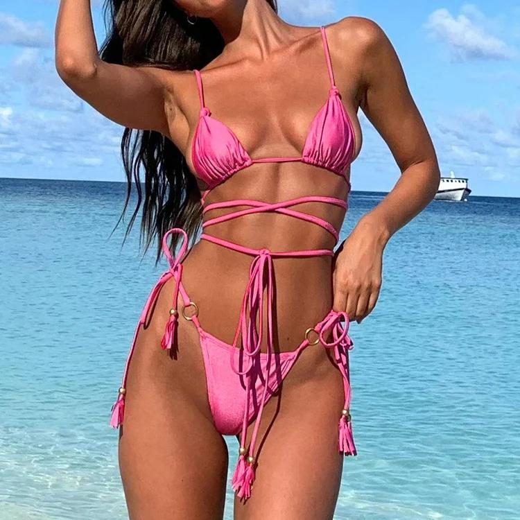 Plavky 2024 Střapce Koupací oblek String Bikini Bandáž Plavky Dámské Brazilské Biquinis Feminino Plavecký kostým Maillot