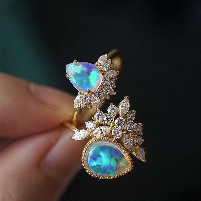 

Luxury Female Blue Fire Opal Stone Engagement Ring Trendy Gold Color Water Drop Wedding Jewelry Gift For Women 6