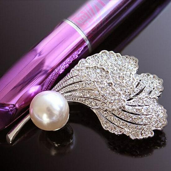 B871 Elegant Rhinestone Pearl Leaf Brooch Pin - High-Grade Suit Accessories Corsage