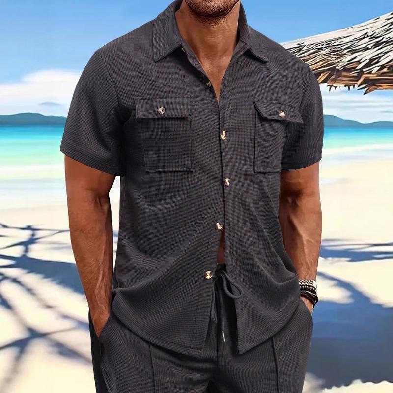 

Летняя мужская футболка с коротким рукавом, повседневная, однотонная, с лацканами, на пуговицах, с карманом, универсальная, свободный пуловер XXXL чёрный