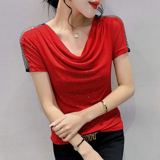 

Летние сетчатые футболки с короткими рукавами и ромбовидным вырезом, приталенные, тонкие, эластичные, Camisetas Blusas XL красный