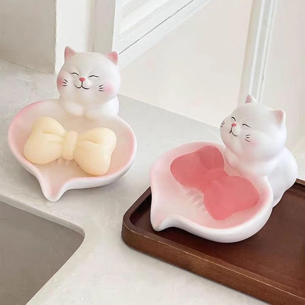 Pastel Pink White Cat Soap Dish With Drainage Soap Container Lucky Cat Soap Case  Household Use
