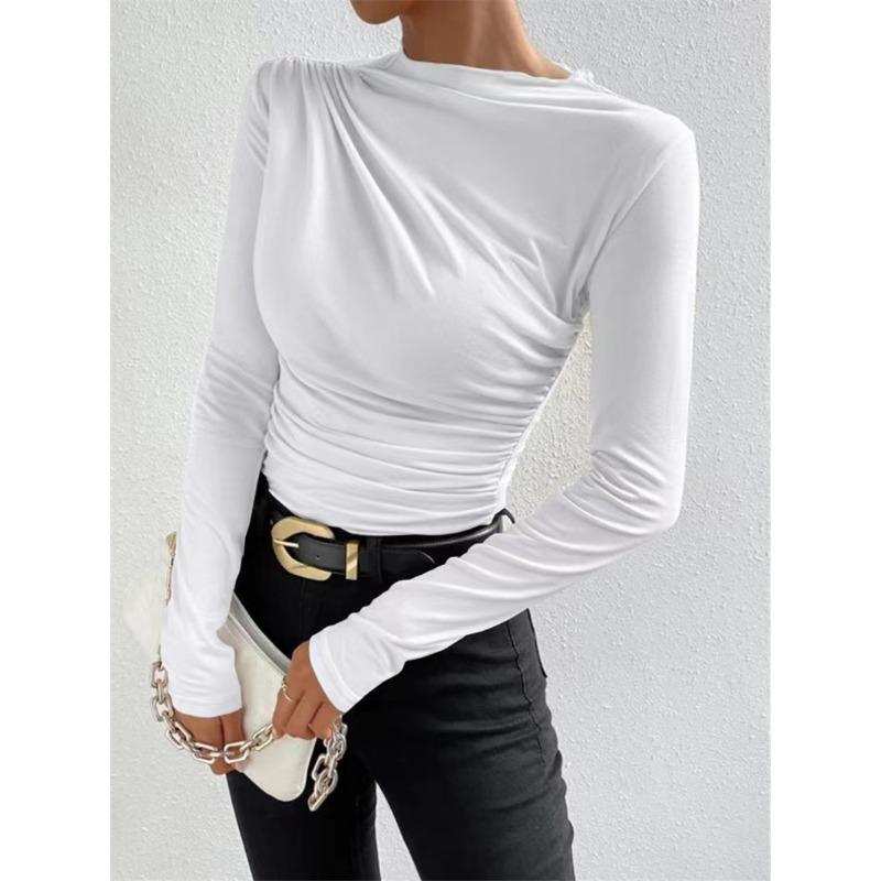 Fashion Long Sleeved Pleated Slim Fit Women T-shirt Solid Color Elegant Half Turtleneck Slim-fit Bottoming Tees Shirt Female Solid Color Basic Tops