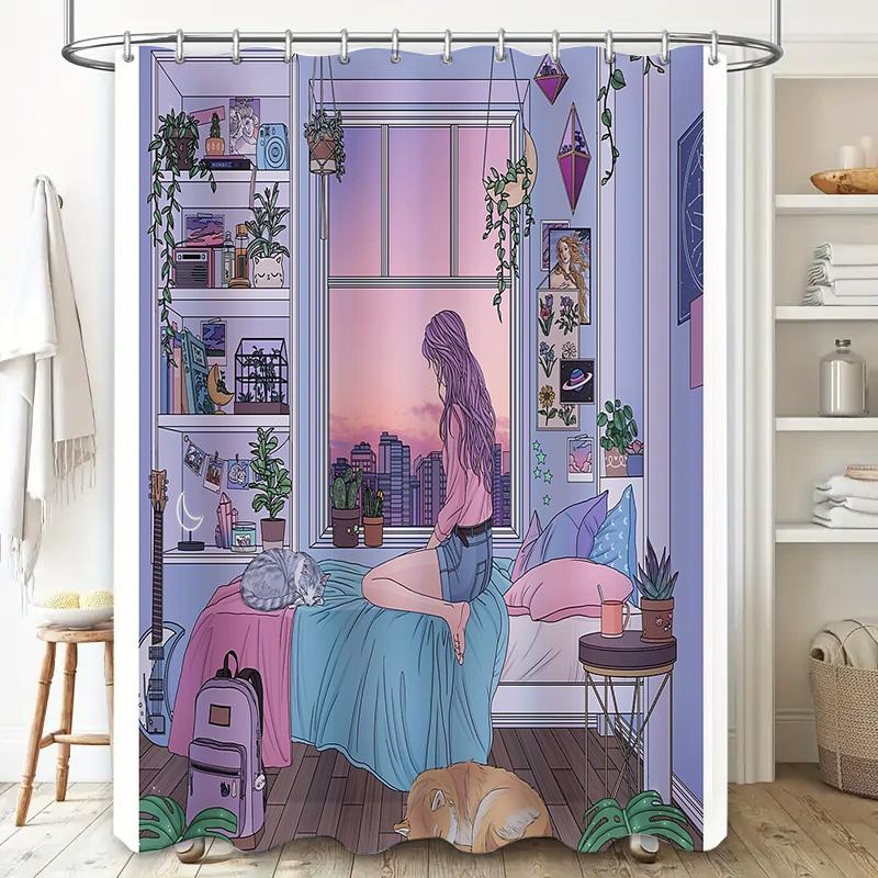 Anime Girl Room Decor Shower Curtain Japanese Aesthetic Manga Otaku Bathroom Set Waterproof Home Decor Wall Art Gift
