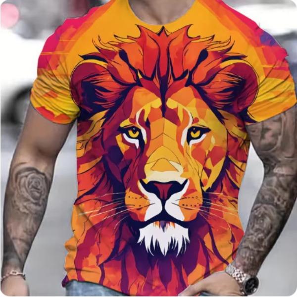Summer Casual Men's Clothing Oversized Loose Lion Pattern Printed Short Sleeved Round Neck Fitness T-shirts