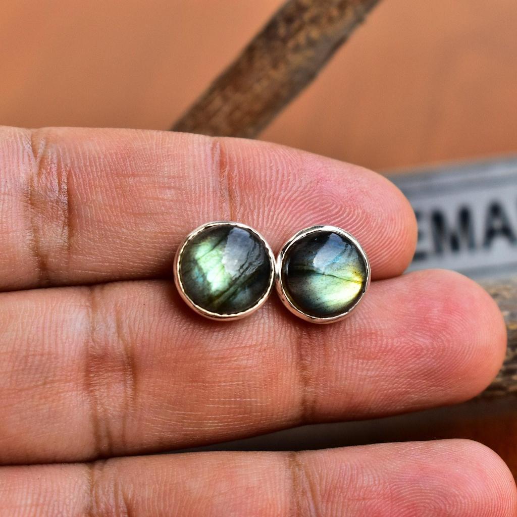 Labradorite Stud Earrings Real Crystal Jewelry, Bridesmaid Gifts , Spectrolite Round Cabochon Earrings Boho Jewelry Iridescent Rainbow
