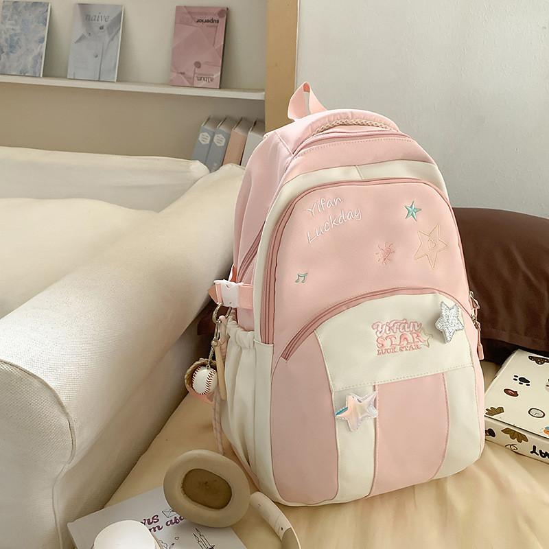 Blocked Letters Color Star Embroidery Pattern Student Backpack With Pendant