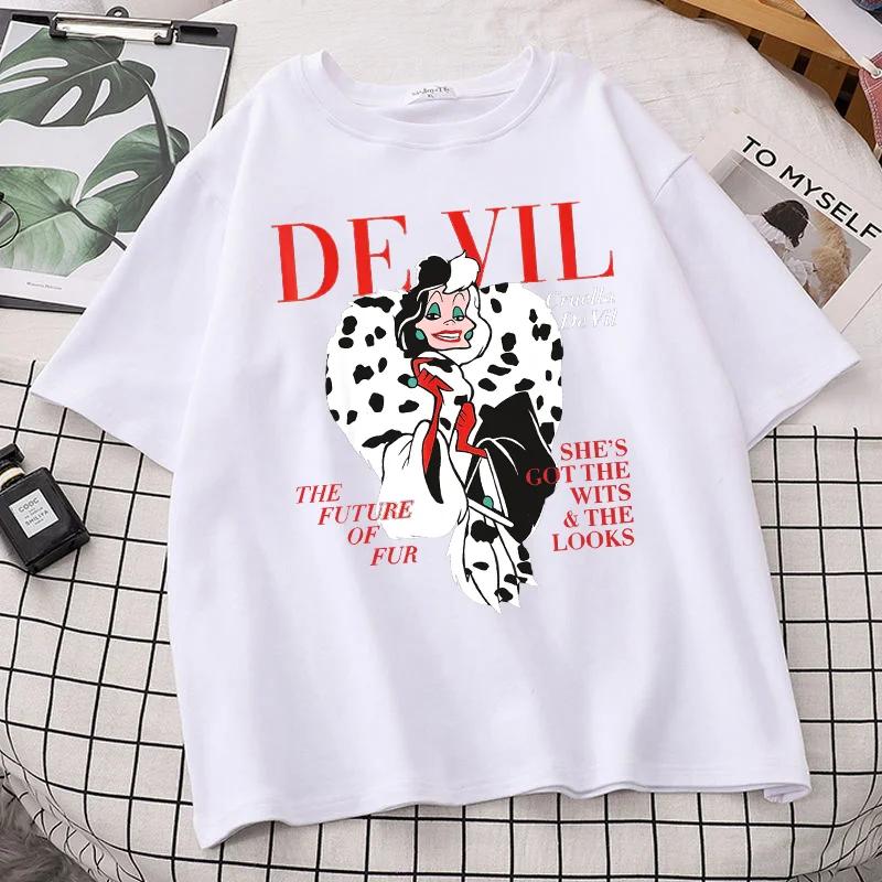

New Black and White Witch Devil Cartoon Cuira Cruella Print Fashion TShirt Womens Short Sleeve Loose Plus Size Top S
