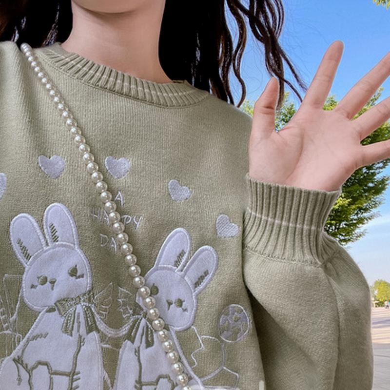Kawaii Cartoon Cute Knitted Sweater Women Japanese Style Preppy Oversize Green Long Sleeve Jumper Female Korean Tops