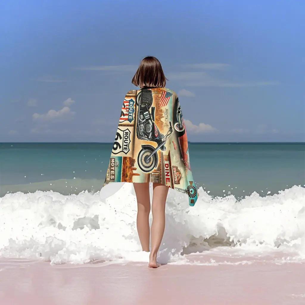 1Pc Route 66 Retro Beach Towel, Ultra Soft Quick Dry Large Towel For Pool Travel Road Trip, Ideal Gift For Car Lovers