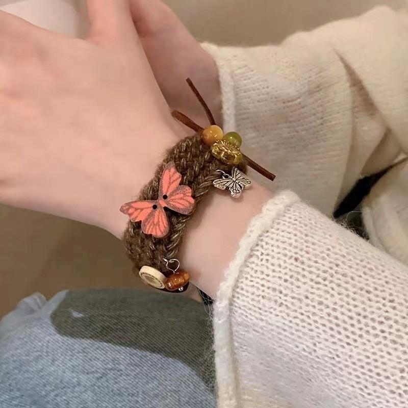 Bear Snuggly Bracelet For Women Elegant Plush Yarn And Wood Handmade Gift Christmas