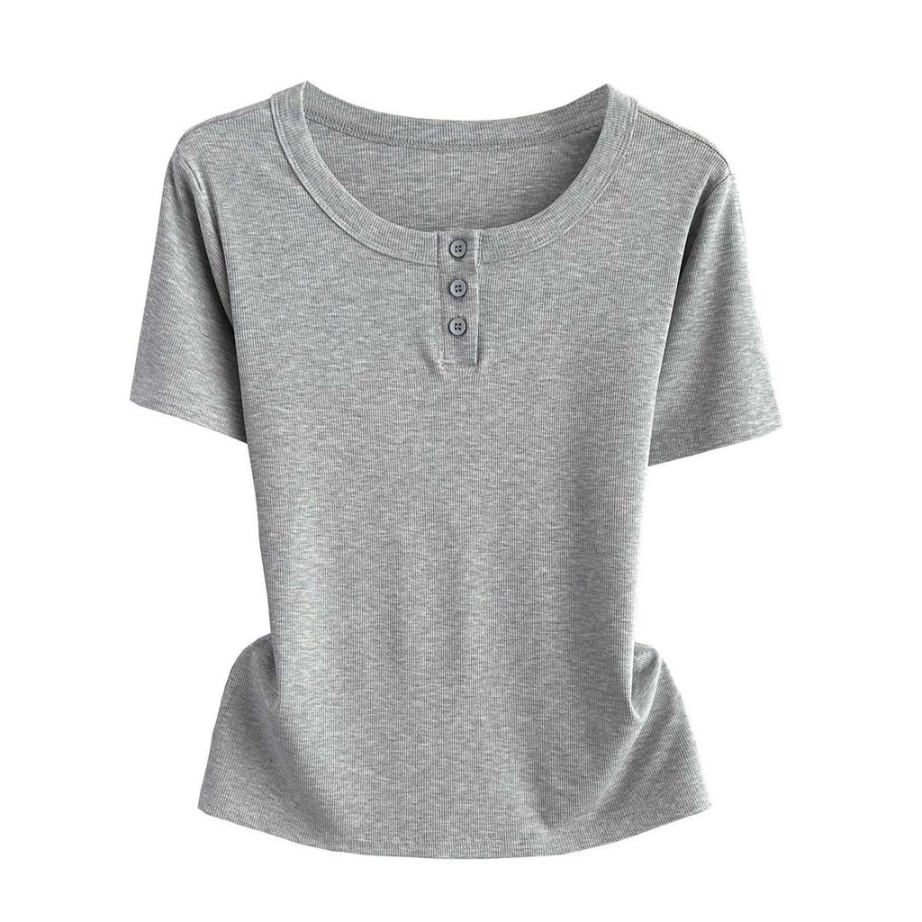 Women Modal Ribbed Button Round Neck Short Sleeve Tee Slim Base Top Spring Summer
