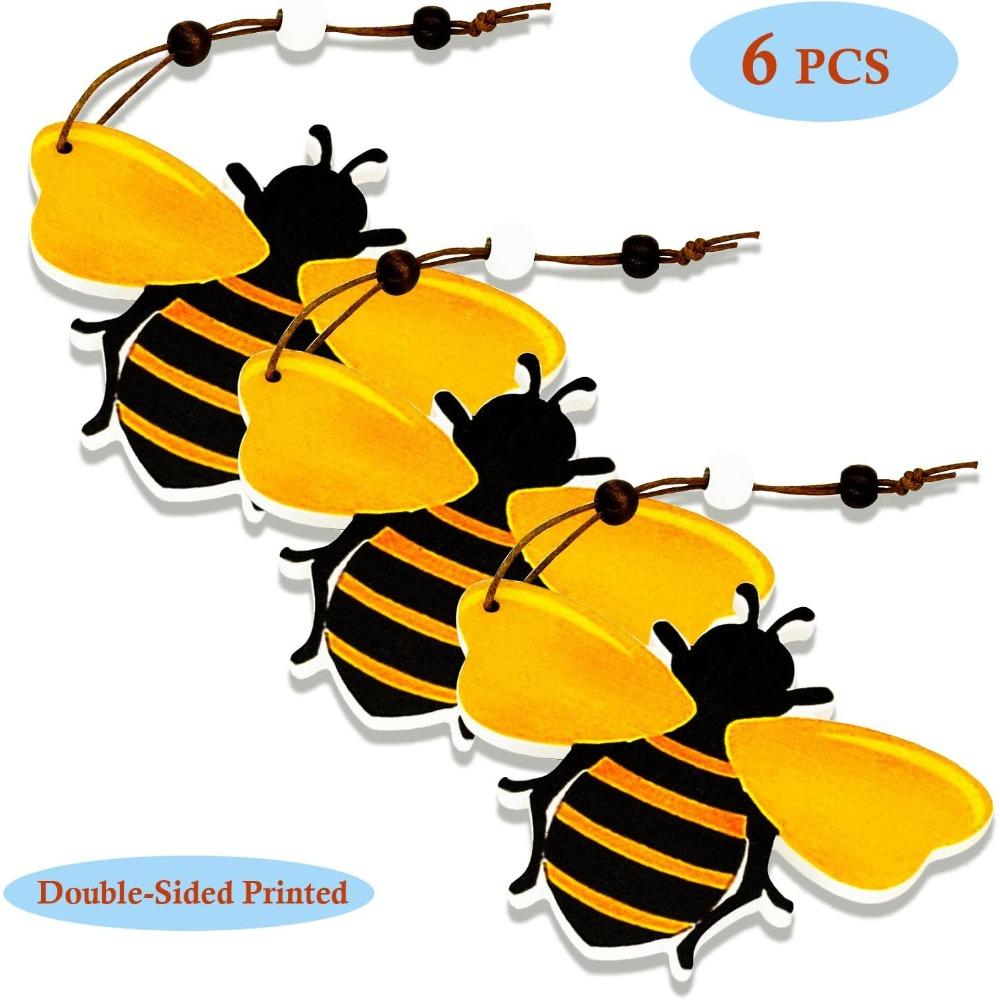 6pcs Bee Ornaments Wooden Bumble Bees Cutouts Decorations for Tree Tree Tray Wreath Christmas Festival Bee Sign Art Crafts Home Hanging Decor