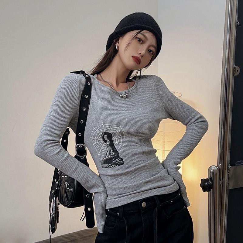 

2KWEIRD Гранж Рубчатая футболка Корейская Мода Шикарный Принт Футболка с Длинным Рукавом Kpop Fairycore Вязаная Футболка Харадзюку Уличная Одежда S серый