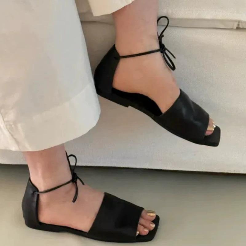 Fashion New Summer Flat Shoes Women's Square Toe Open Toe Lace-up One Strap Versatile Soft Sole Non-slip Wear-out Sandals