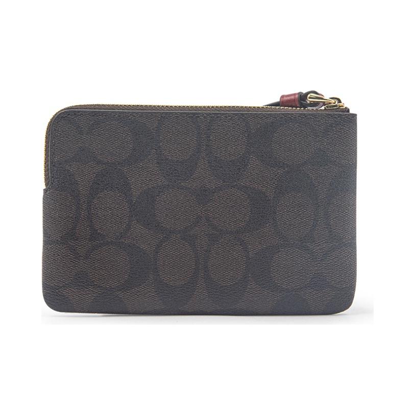 Coach Corner Zip Monogram Canvas And Leather Wristlet Clutch Coin Purse Women Wristlet Dark-Brown Red 58035-IMRVQ