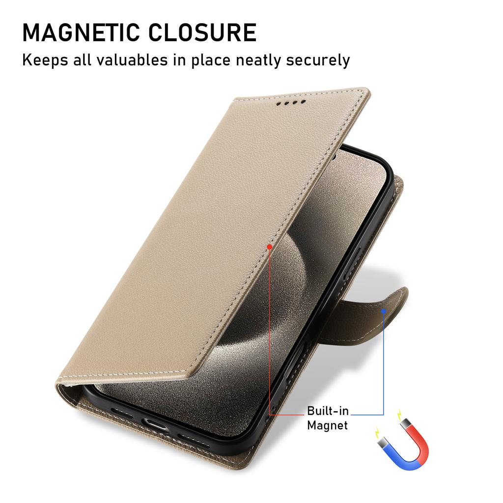 Etui z podstawką na iPhone 15 Pro Max, skórzane etui portfelowe o teksturze liczi, magnetyczne zapięcie