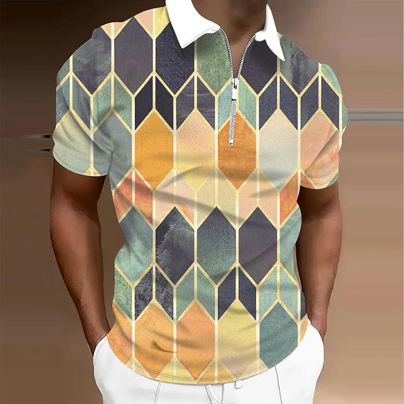 Herren Poloshirt Freizeit Reißverschluss Kurzarm Mode Lässig Reißverschluss Sommer Frühling Normale Passform 3D Rautenmuster Hemd