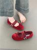 Fashion Double Rivet Buckle Strap Ballets Shoes Women Soft Velvet Flats Bowtie Mary Janes Ladies Brides Round Toe Pink Ballerinas Shoes